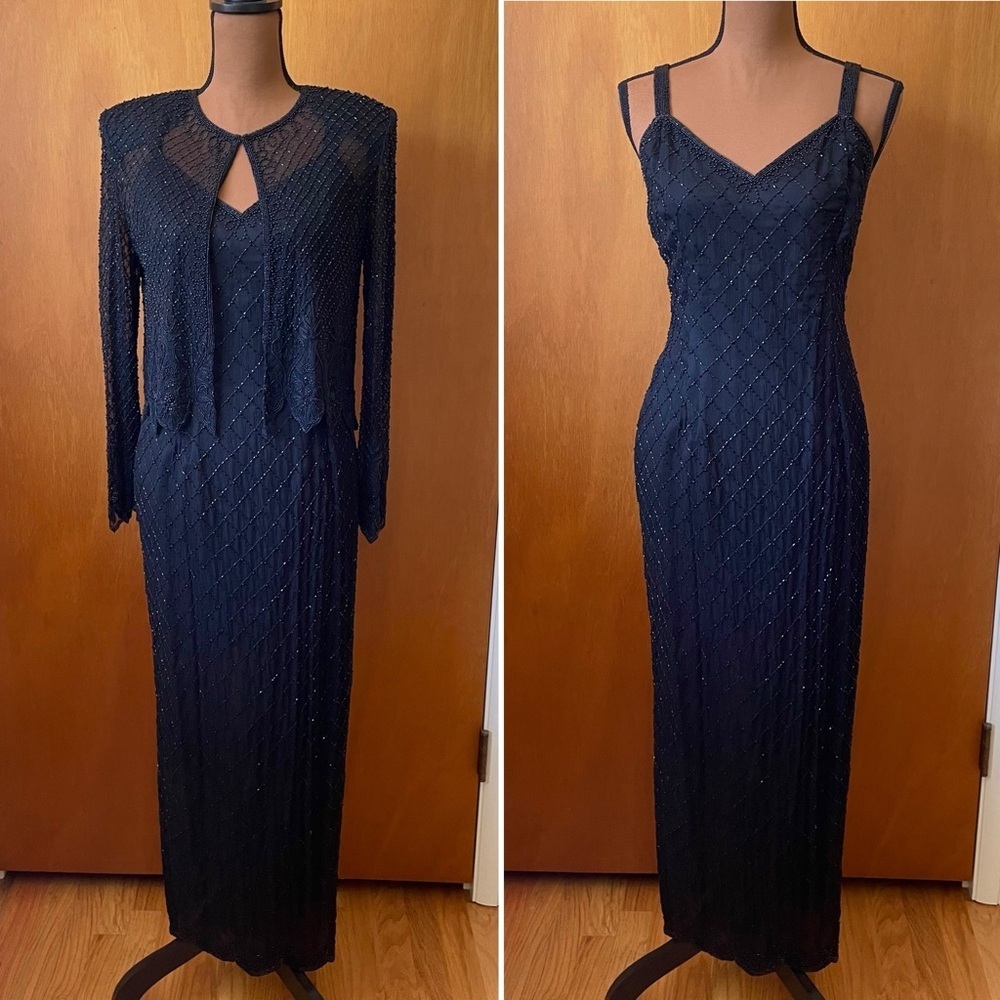 VTG 90s Sténay Petite Beaded Long Black Silk Cocktail Formal Dress and Jacket 6P